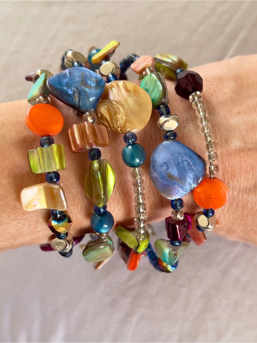 Vintage Boho Natural Gemstone Jasper Agate MOP Multi Strand Wrap Bracelet